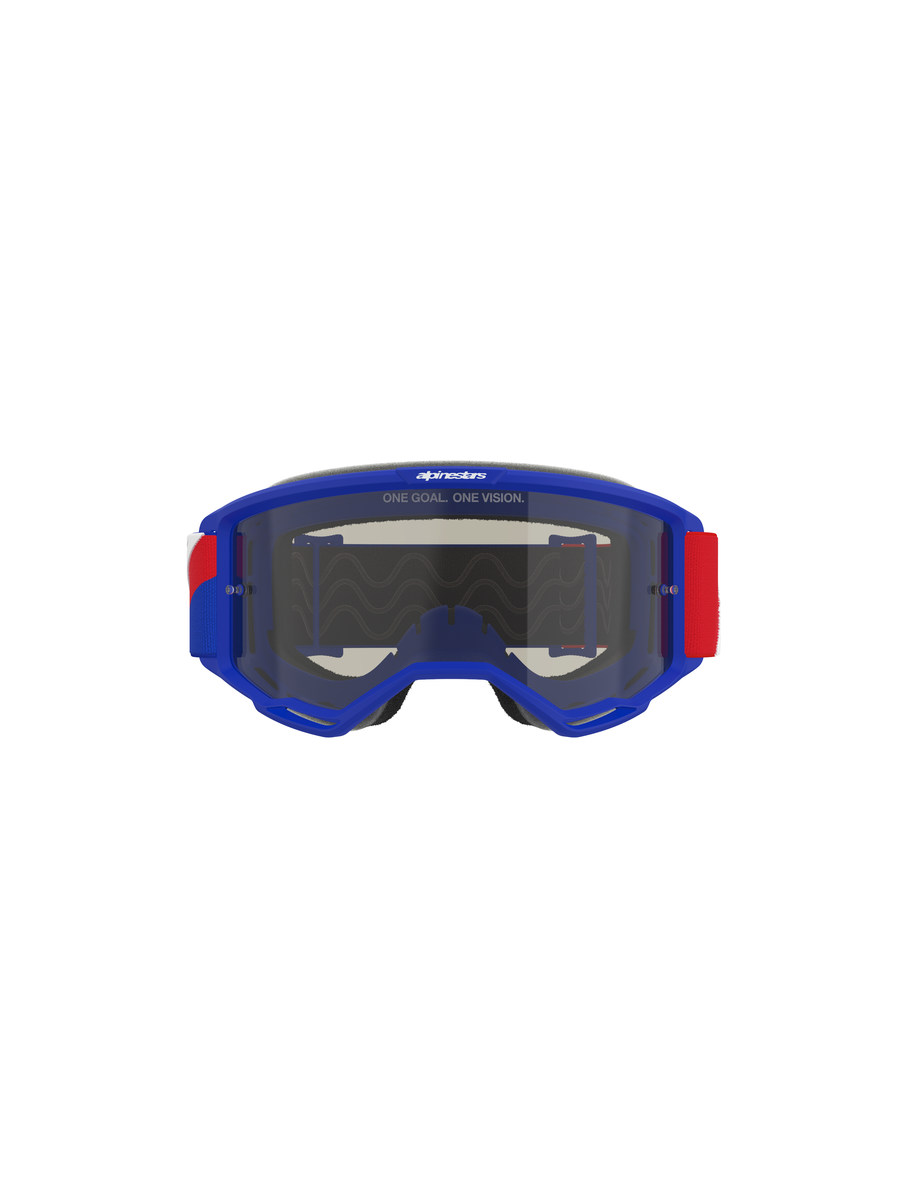 Alpinestars Vision Sand-goggles, blå ram med röda och vita detaljer på remmen, mörk rökfärgad lins, sloganen 'ONE GOAL. ONE VISION.' på ovansidan, högpresterande motocrossglasögon designade för skydd i öken och terräng