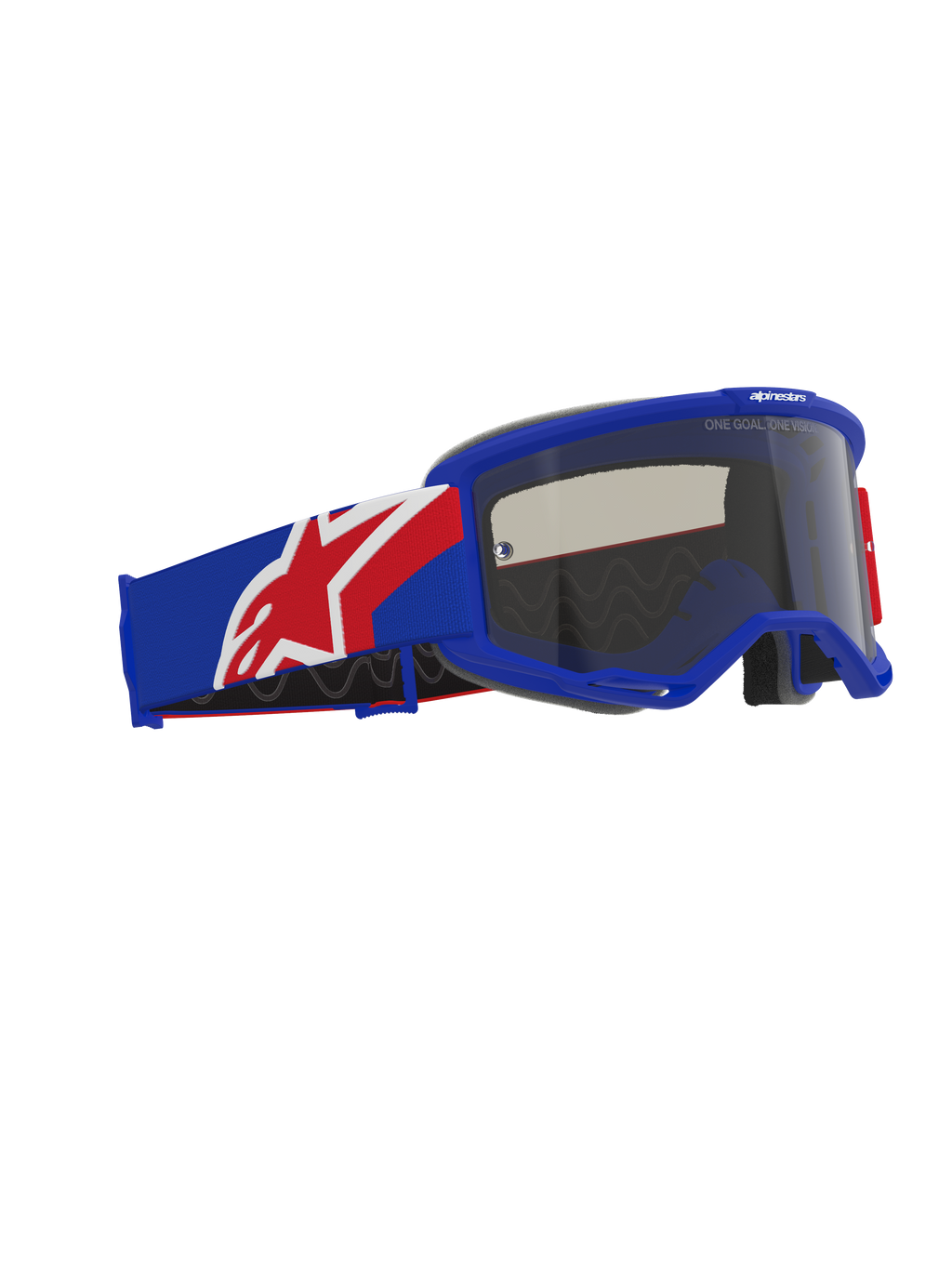 Alpinestars Vision Sand Goggles, motocrossglasögon för terrängkörning, blå, röd och vit ram och rem, mörk rökfärgad lins, med en bred rem med silikon på baksidan och ergonomiskt ansiktsskum.