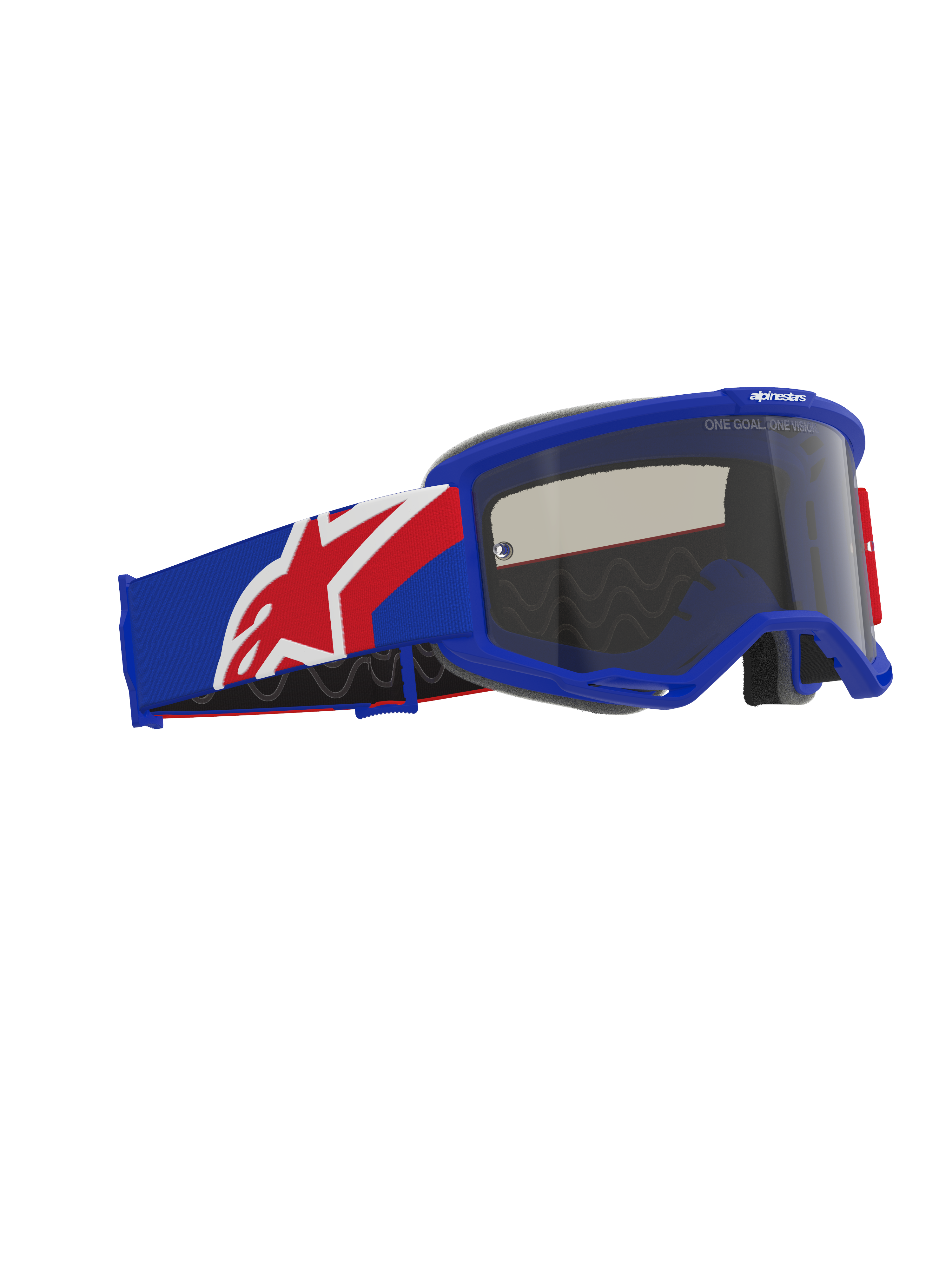 Alpinestars Vision Sand Goggles, motocrossglasögon för terrängkörning, blå, röd och vit ram och rem, mörk rökfärgad lins, med en bred rem med silikon på baksidan och ergonomiskt ansiktsskum.