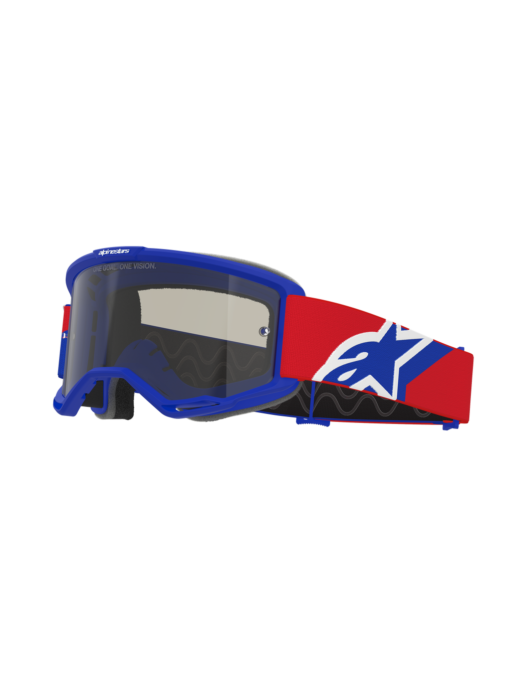 Alpinestars Vision Sand Goggles, motocrossglasögon, blå ram med Dark Smoke-lins, röd rem med blå och vit logotyp, ögonskydd för terrängkörning med specialiserat ventilationsskum för ökenkörning
