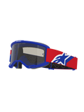 Alpinestars Vision Sand Goggles, motocrossglasögon, blå ram med Dark Smoke-lins, röd rem med blå och vit logotyp, ögonskydd för terrängkörning med specialiserat ventilationsskum för ökenkörning