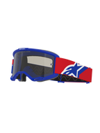Alpinestars Vision Sand Goggles, motocrossglasögon, blå ram med Dark Smoke-lins, röd rem med blå och vit logotyp, ögonskydd för terrängkörning med specialiserat ventilationsskum för ökenkörning