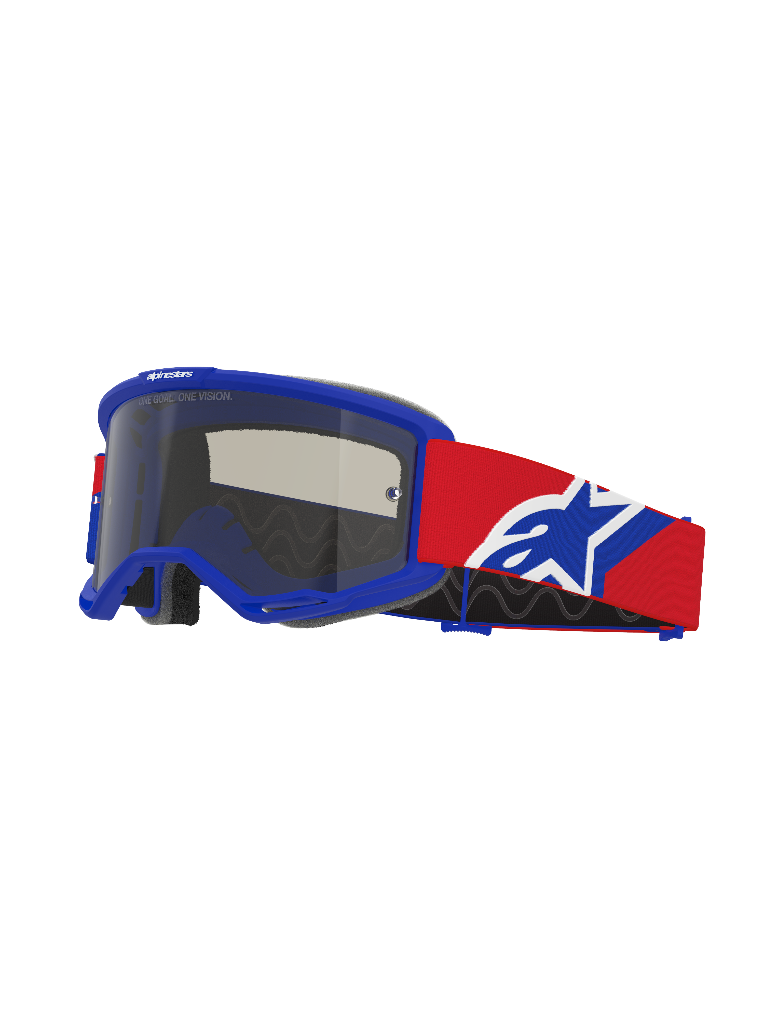 Alpinestars Vision Sand Goggles, motocrossglasögon, blå ram med Dark Smoke-lins, röd rem med blå och vit logotyp, ögonskydd för terrängkörning med specialiserat ventilationsskum för ökenkörning