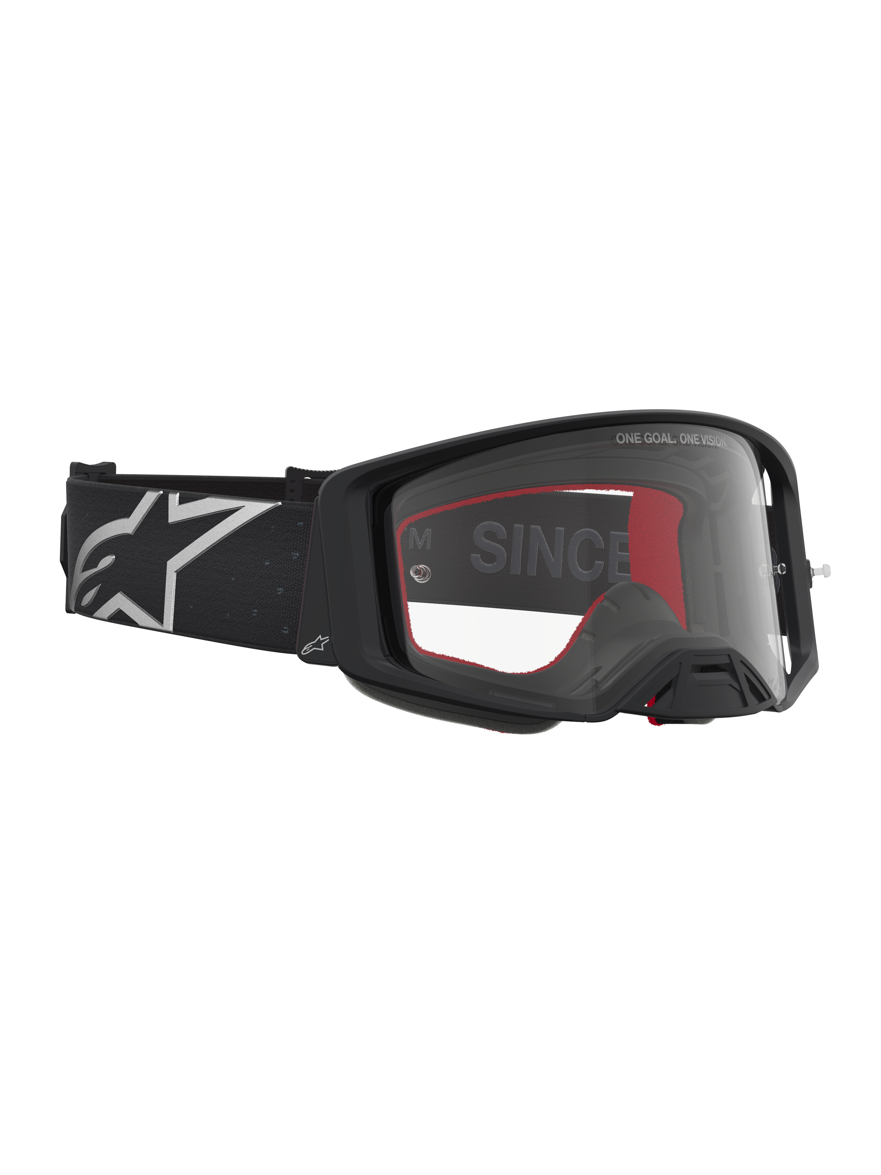Alpinestars Supertech Vesta goggles, mattsvarta motocross-glasögon med klar lins och silverfärgade detaljer, lättviktskonstruktion för terrängkörning