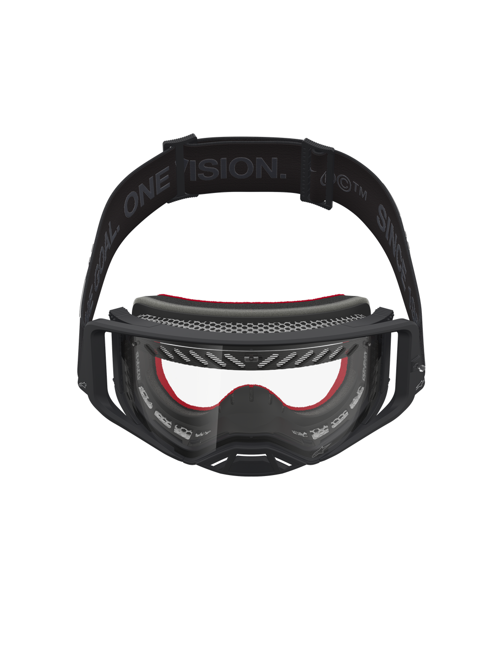 Alpinestars Supertech Vesta goggles, svarta och röda motocrossgoggles med klar polykarbonatlins för terrängkörning.