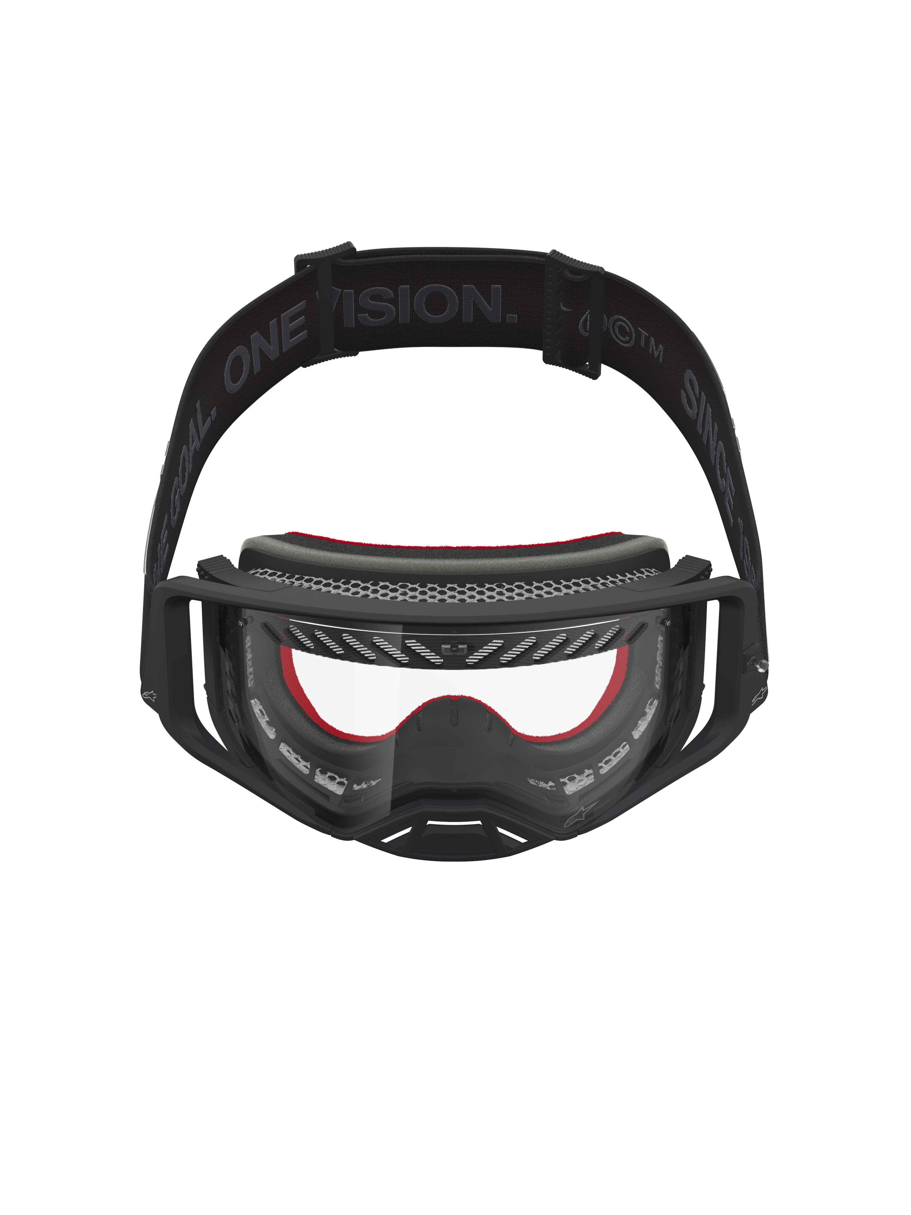 Alpinestars Supertech Vesta goggles, svarta och röda motocrossgoggles med klar polykarbonatlins för terrängkörning.