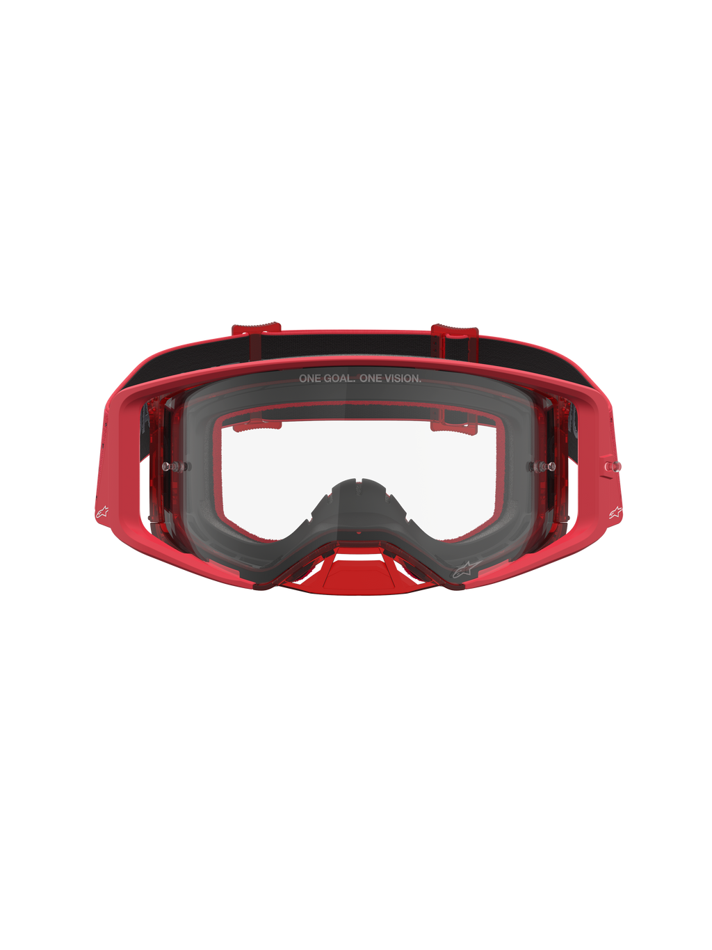 Alpinestars Supertech Vesta Goggles, Red motocross eyewear with a clear lens, injection-molded frame, and wide peripheral vision.