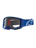 Alpinestars Supertech Vesta goggles, blå och vita motocrossgoggles med klar polykarbonatlins och stjärnlogotyp.