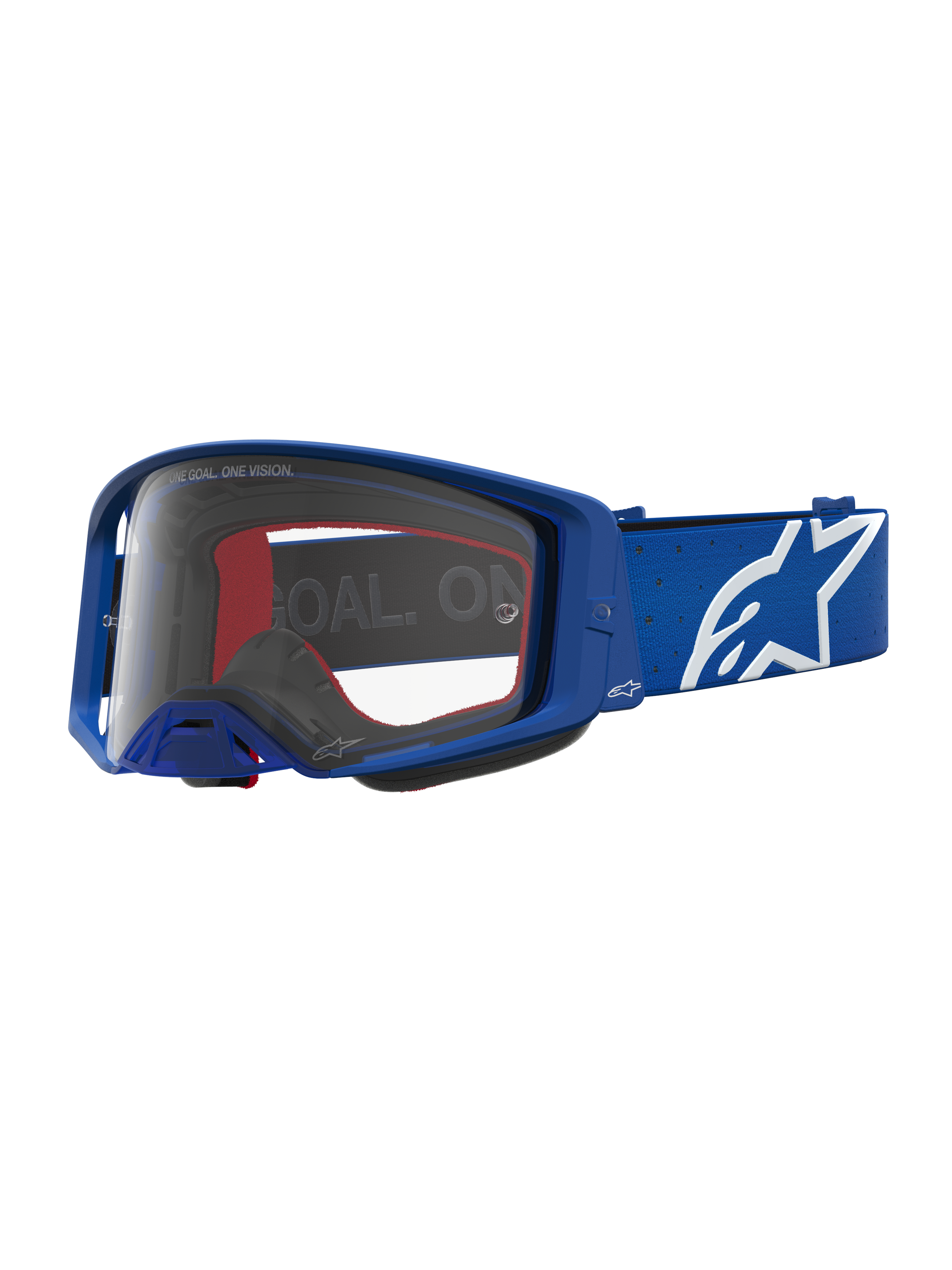 Alpinestars Supertech Vesta goggles, blå och vita motocrossgoggles med klar polykarbonatlins och stjärnlogotyp.
