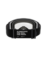 Alpinestars Vision 8 Corp Goggles - Dubbellins, Black Clear, vy bakifrån med brett svart band med vit 'ALPINESTARS ONE GOAL. ONE VISION.'-logotyp, svart ram med klar polykarbonatlins och tjockt grått ansiktsskum i flera lager, professionella motocrossglasögon.