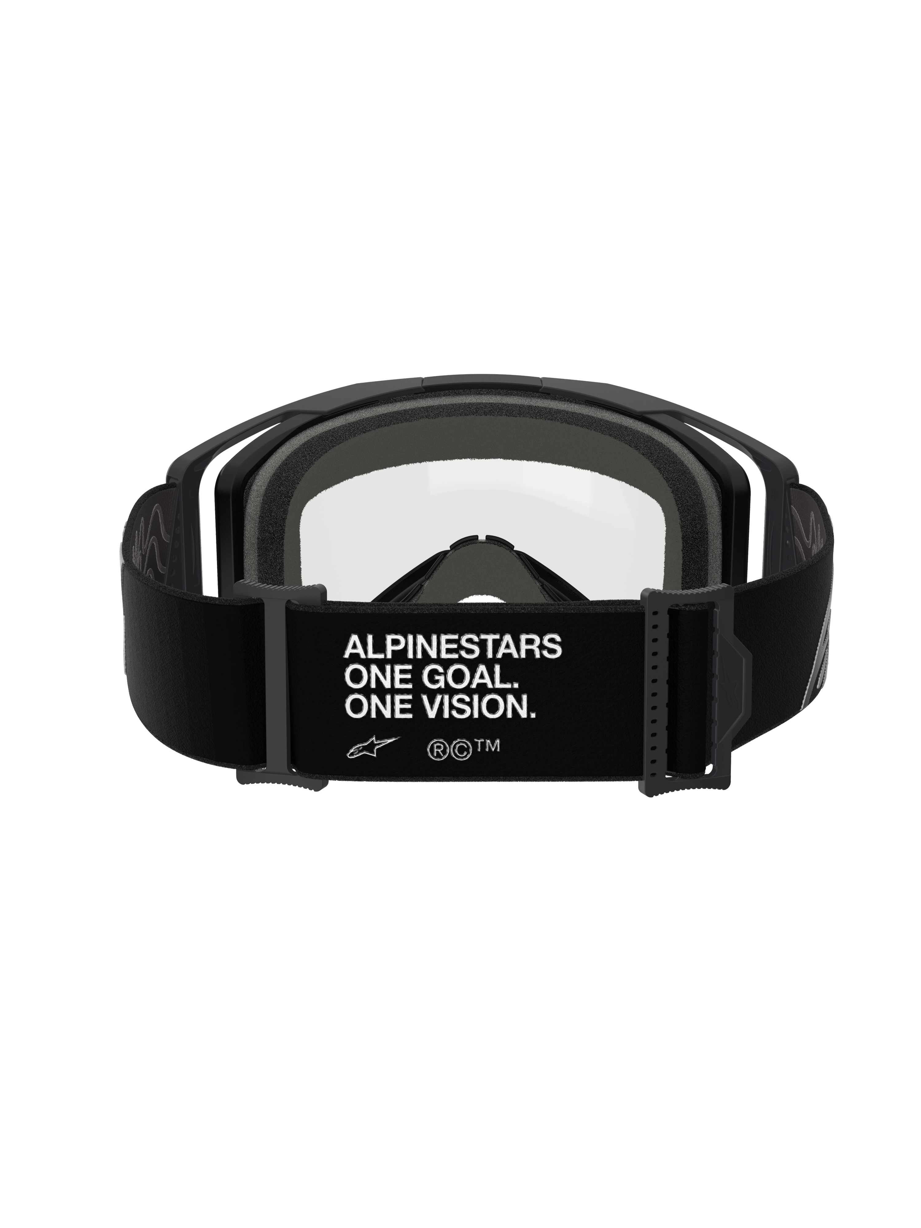 Alpinestars Vision 8 Corp Goggles - Dubbellins, Black Clear, vy bakifrån med brett svart band med vit 'ALPINESTARS ONE GOAL. ONE VISION.'-logotyp, svart ram med klar polykarbonatlins och tjockt grått ansiktsskum i flera lager, professionella motocrossglasögon.
