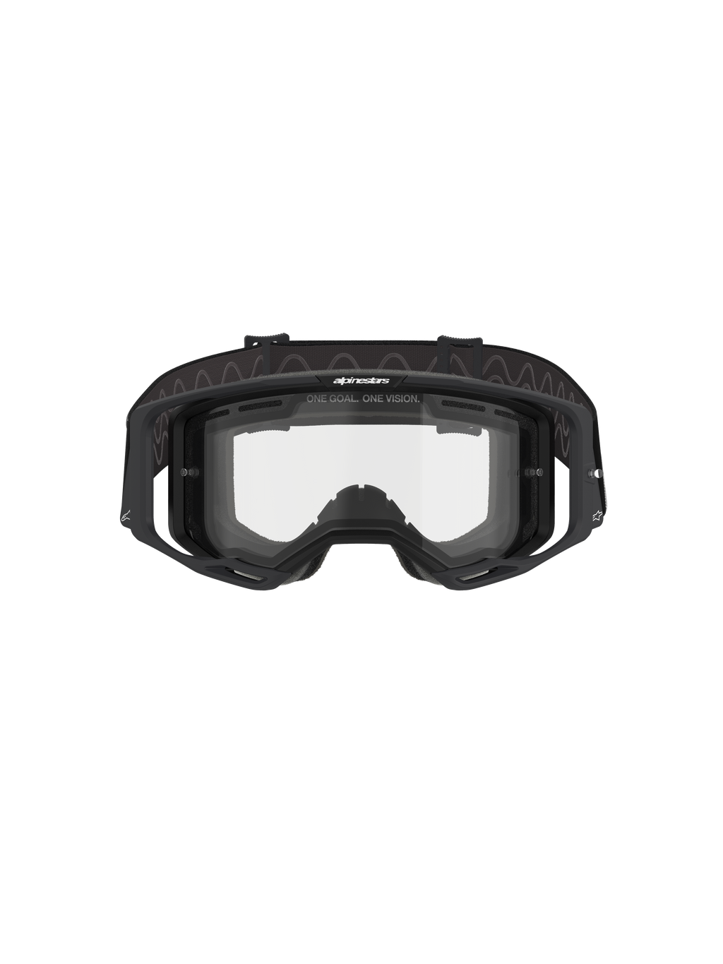 Alpinestars Vision 8 Corp Goggles - dubbellins, motocrossglasögon, svart ram med klar dubbellins, frontvy som visar utliggare och "ONE GOAL. ONE VISION."-branding, tekniskt ögonskydd för terrängkörning