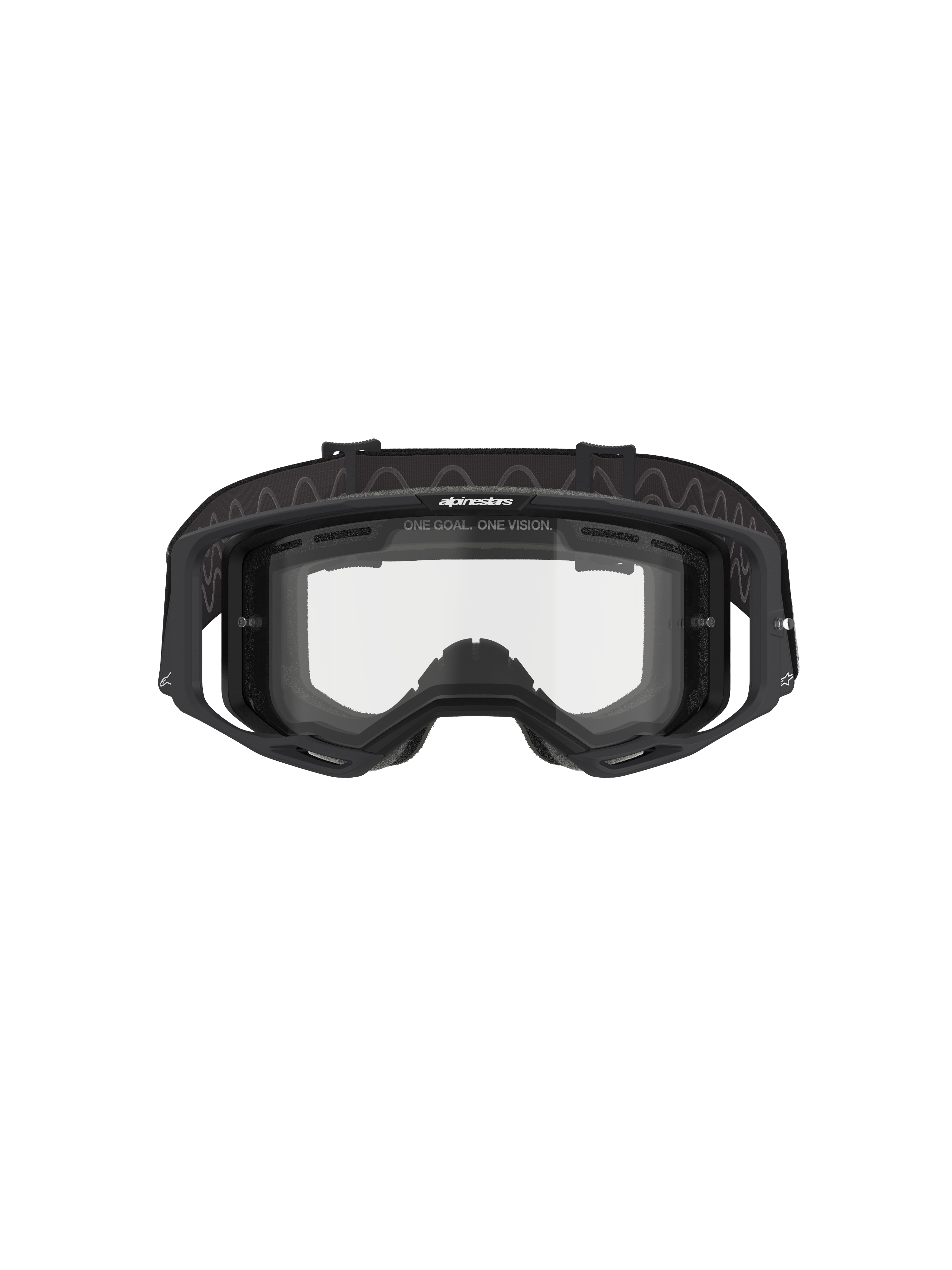 Alpinestars Vision 8 Corp Goggles - dubbellins, motocrossglasögon, svart ram med klar dubbellins, frontvy som visar utliggare och "ONE GOAL. ONE VISION."-branding, tekniskt ögonskydd för terrängkörning