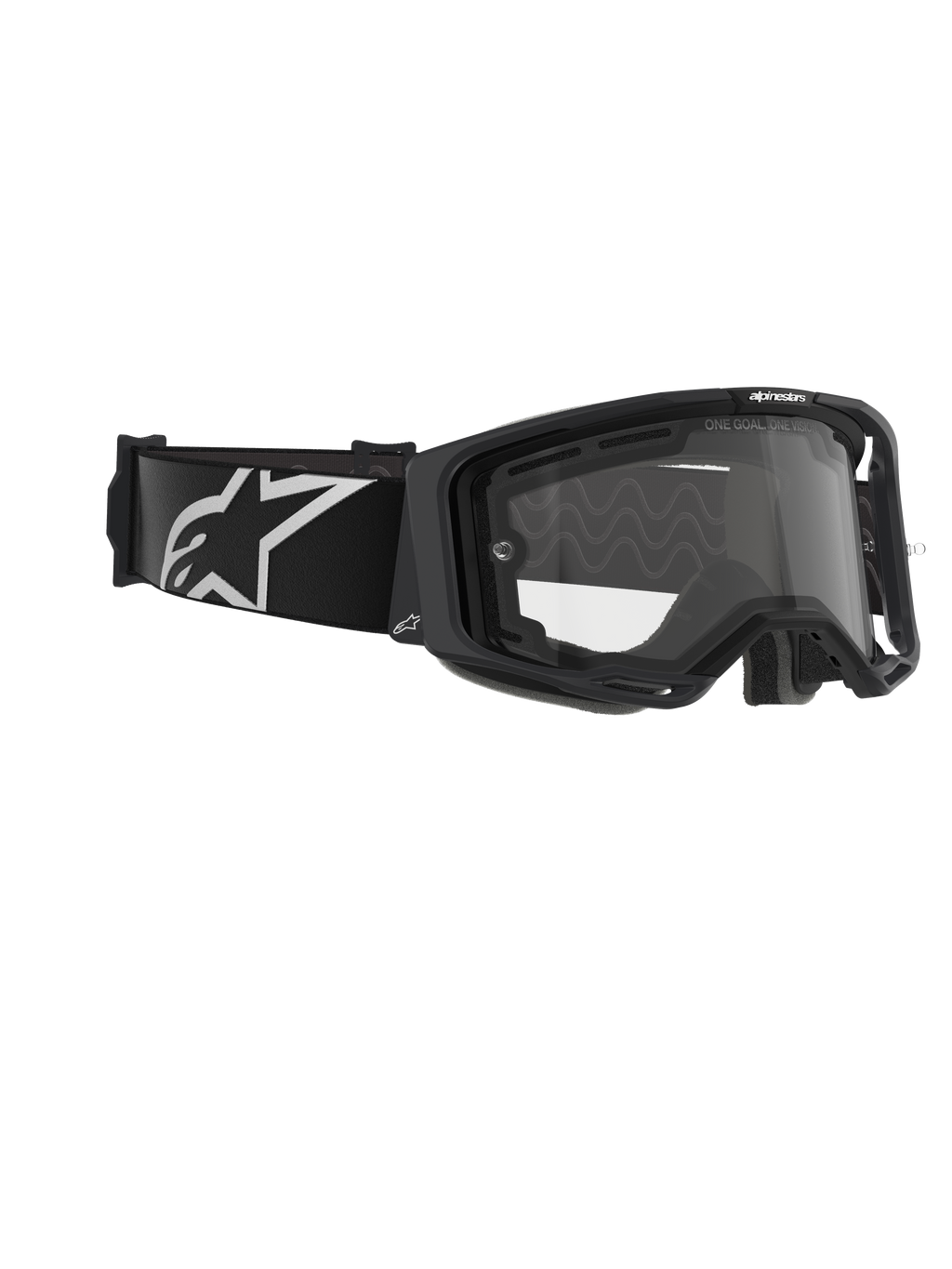 Alpinestars Vision 8 Corp Goggles, dubbellins, motocrossglasögon, svart ram med klar lins, bred svart rem med en stor vit Alpinestars-logotyp, tekniskt ögonskydd för terrängkörning