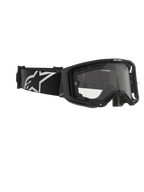 Alpinestars Vision 8 Corp Goggles, dubbellins, motocrossglasögon, svart ram med klar lins, bred svart rem med en stor vit Alpinestars-logotyp, tekniskt ögonskydd för terrängkörning