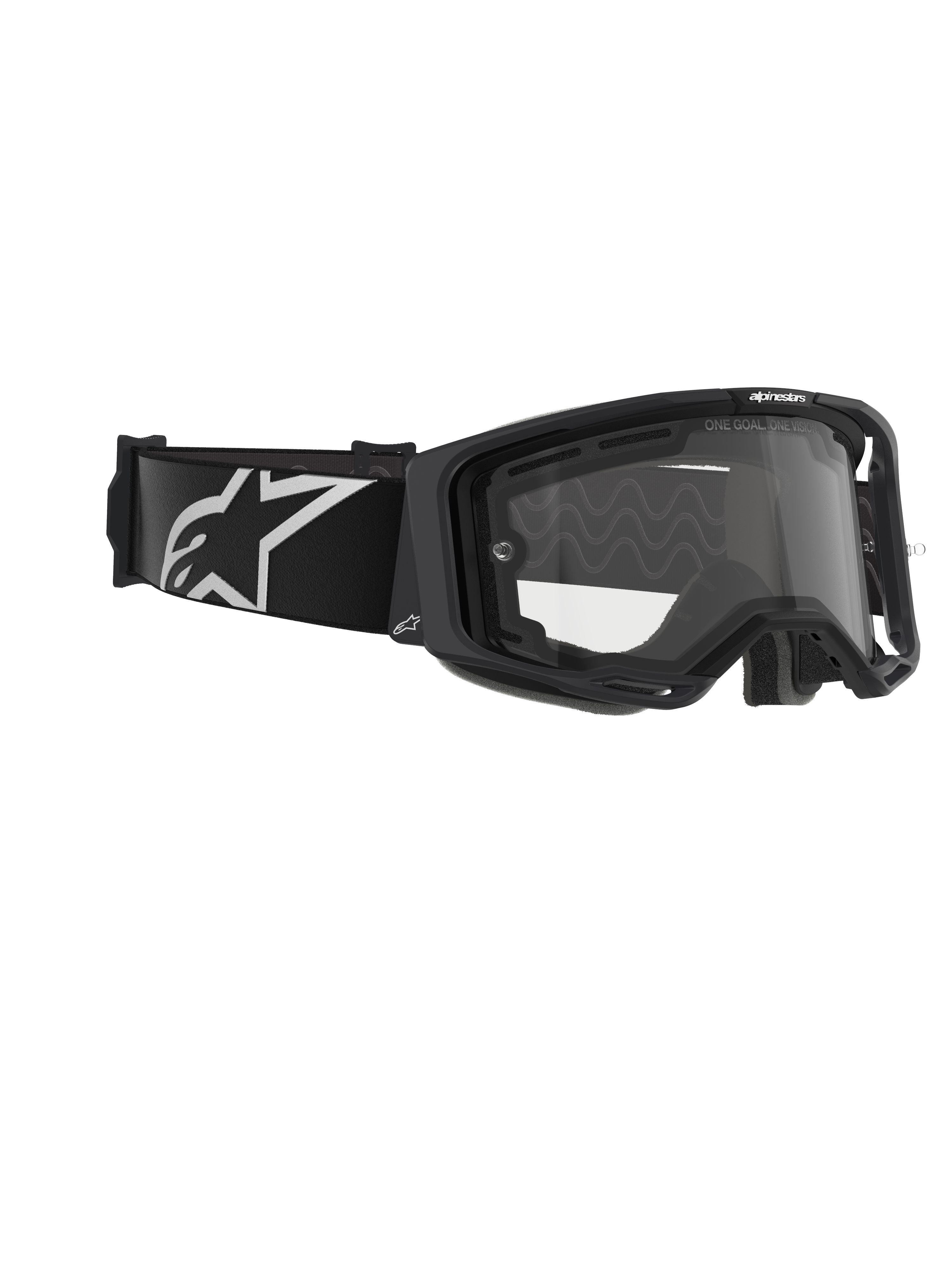 Alpinestars Vision 8 Corp Goggles, dubbellins, motocrossglasögon, svart ram med klar lins, bred svart rem med en stor vit Alpinestars-logotyp, tekniskt ögonskydd för terrängkörning