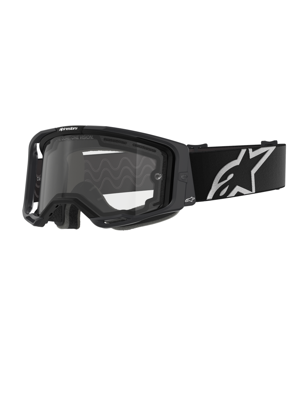 Alpinestars Vision 8 Corp Goggles - Dubbellins, motocrossglasögon, svart ram med klar dubbellins, brett svart band med en framträdande vit Alpinestars-stjärnlogotyp, elegant prestandadesign med ventilationsöppningar för terrängkörning.