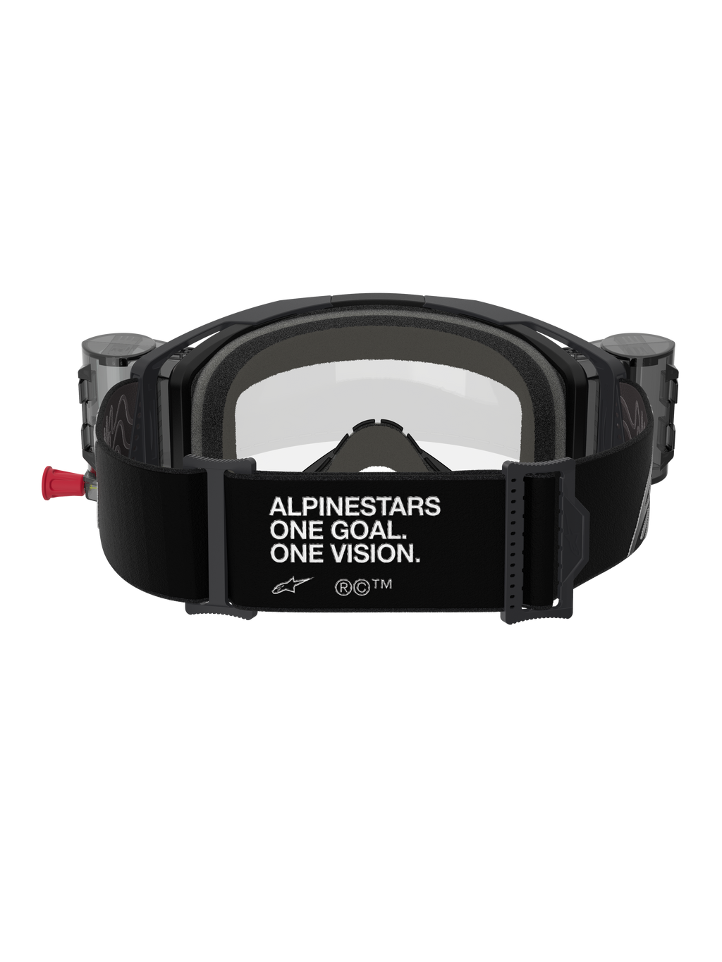 Alpinestars Vision 8 Corp Roll-Off-glasögon, baksida, svart rem med vit slogan ”ALPINESTARS ONE GOAL. ONE VISION.”, integrerade roll-off-behållare, klar lins och skumvaddering för motocross