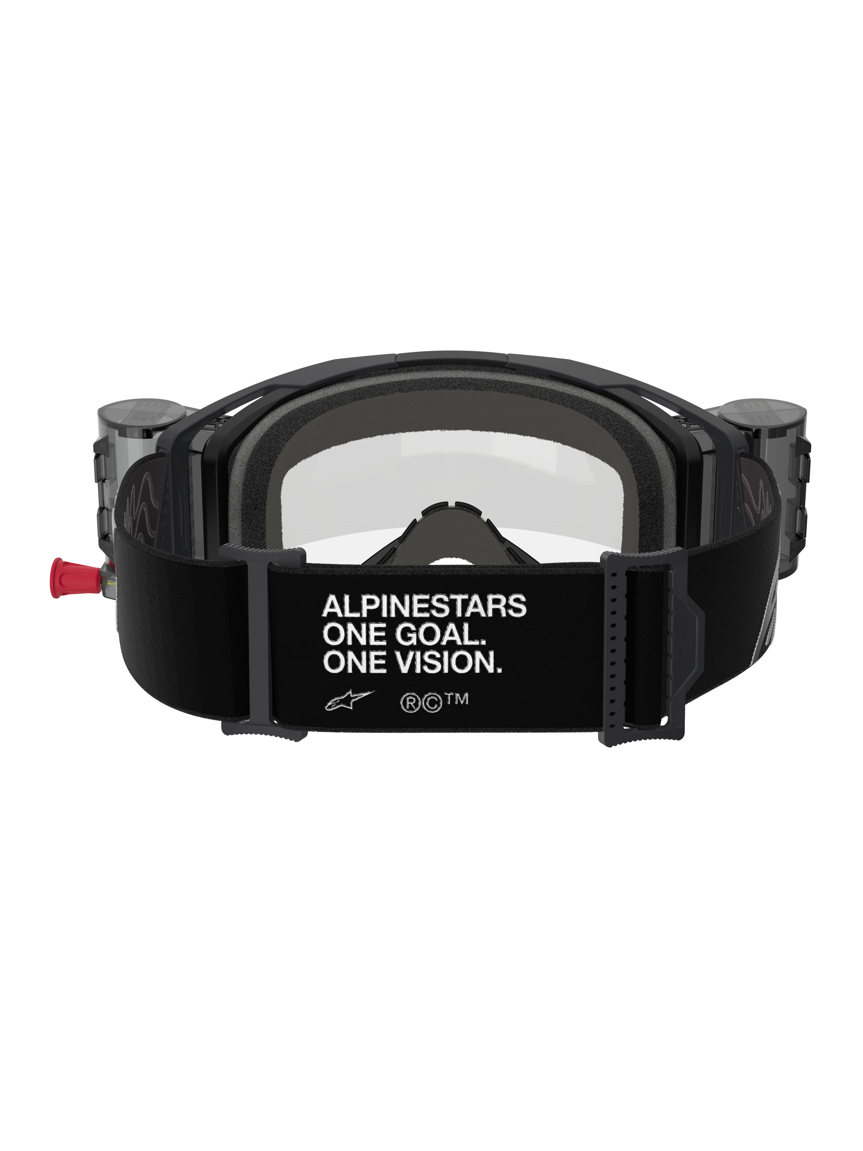 Alpinestars Vision 8 Corp Roll-Off-glasögon, baksida, svart rem med vit slogan ”ALPINESTARS ONE GOAL. ONE VISION.”, integrerade roll-off-behållare, klar lins och skumvaddering för motocross
