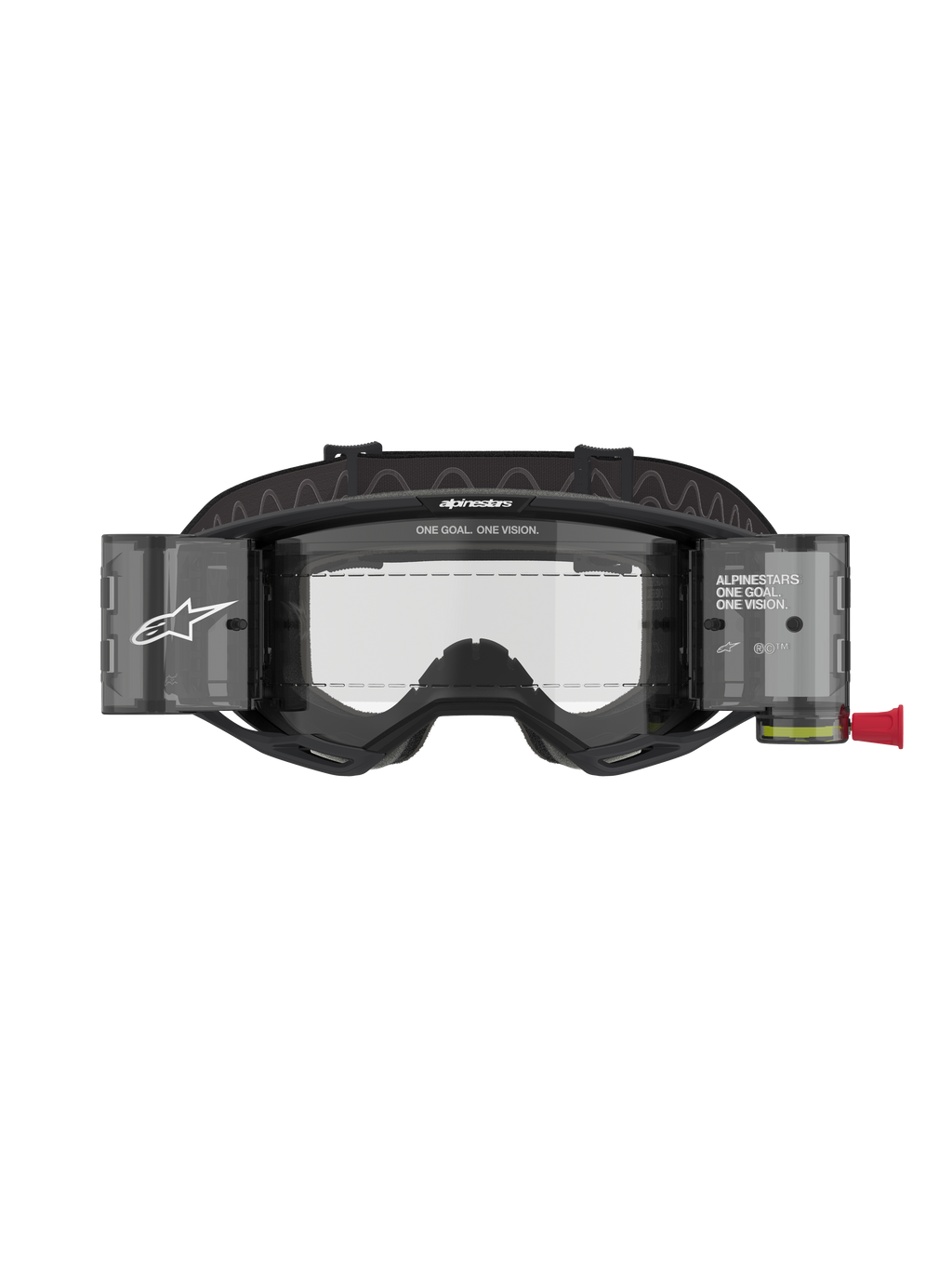 Alpinestars Vision 8 Corp Roll-Off-glasögon, motocrossglasögon, svart ram med klar lins, integrerat roll-off-system med halvtransparenta behållare och brett svart band med logotyp, professionellt ögonskydd för racing