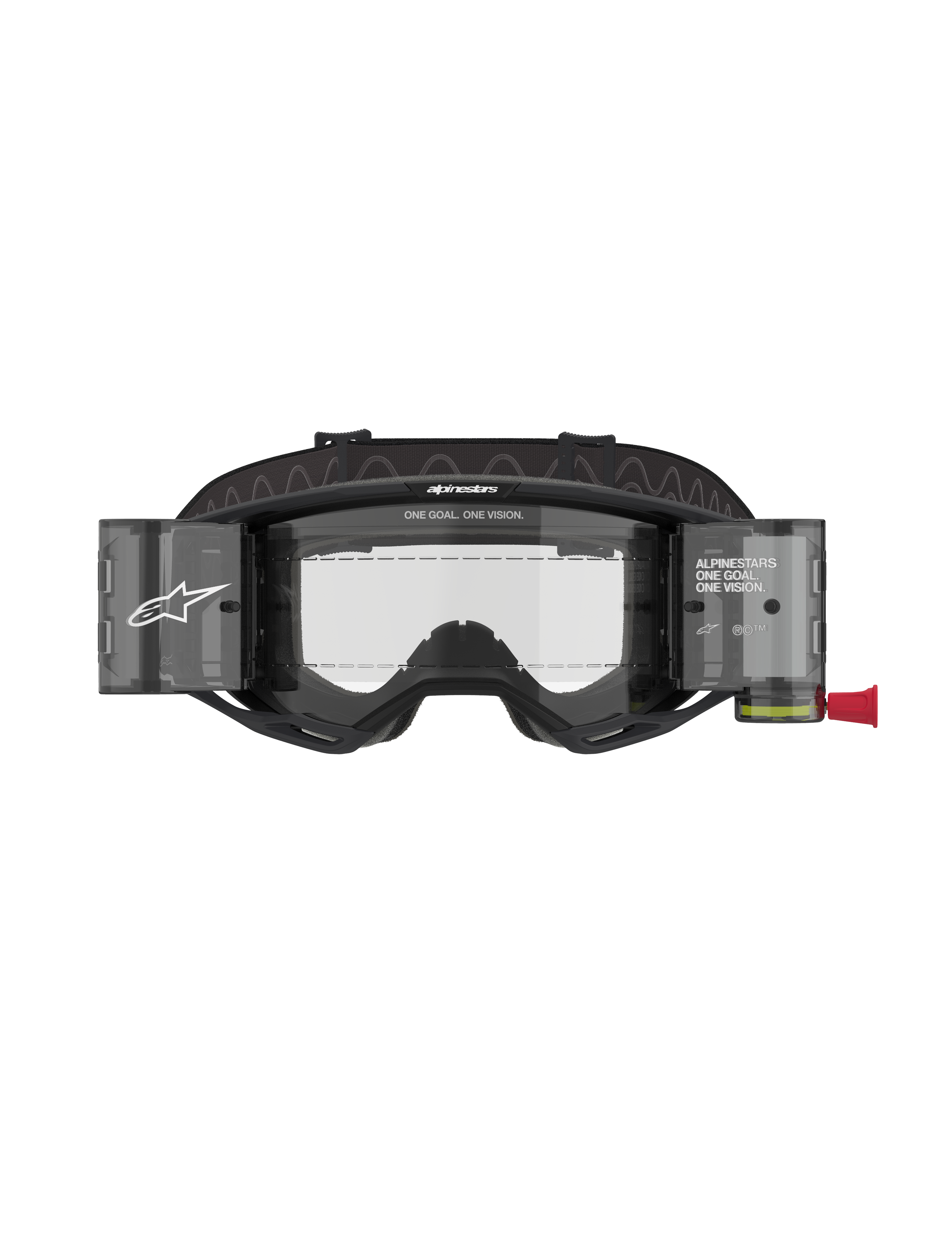 Alpinestars Vision 8 Corp Roll-Off-glasögon, motocrossglasögon, svart ram med klar lins, integrerat roll-off-system med halvtransparenta behållare och brett svart band med logotyp, professionellt ögonskydd för racing