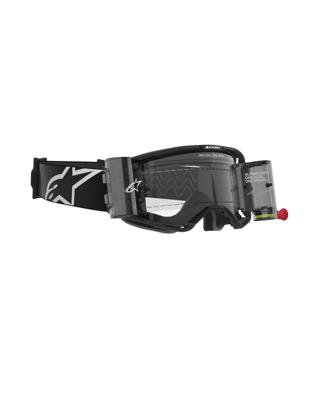 Alpinestars Vision 8 Corp Goggles, motocrossglasögon med Roll-Off-system, svarta och klara, med genomskinliga filmbehållare, en klar lins och ett brett svart band med en stor vit Alpinestars-logotyp