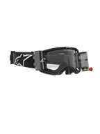 Alpinestars Vision 8 Corp Goggles, motocrossglasögon med Roll-Off-system, svarta och klara, med genomskinliga filmbehållare, en klar lins och ett brett svart band med en stor vit Alpinestars-logotyp
