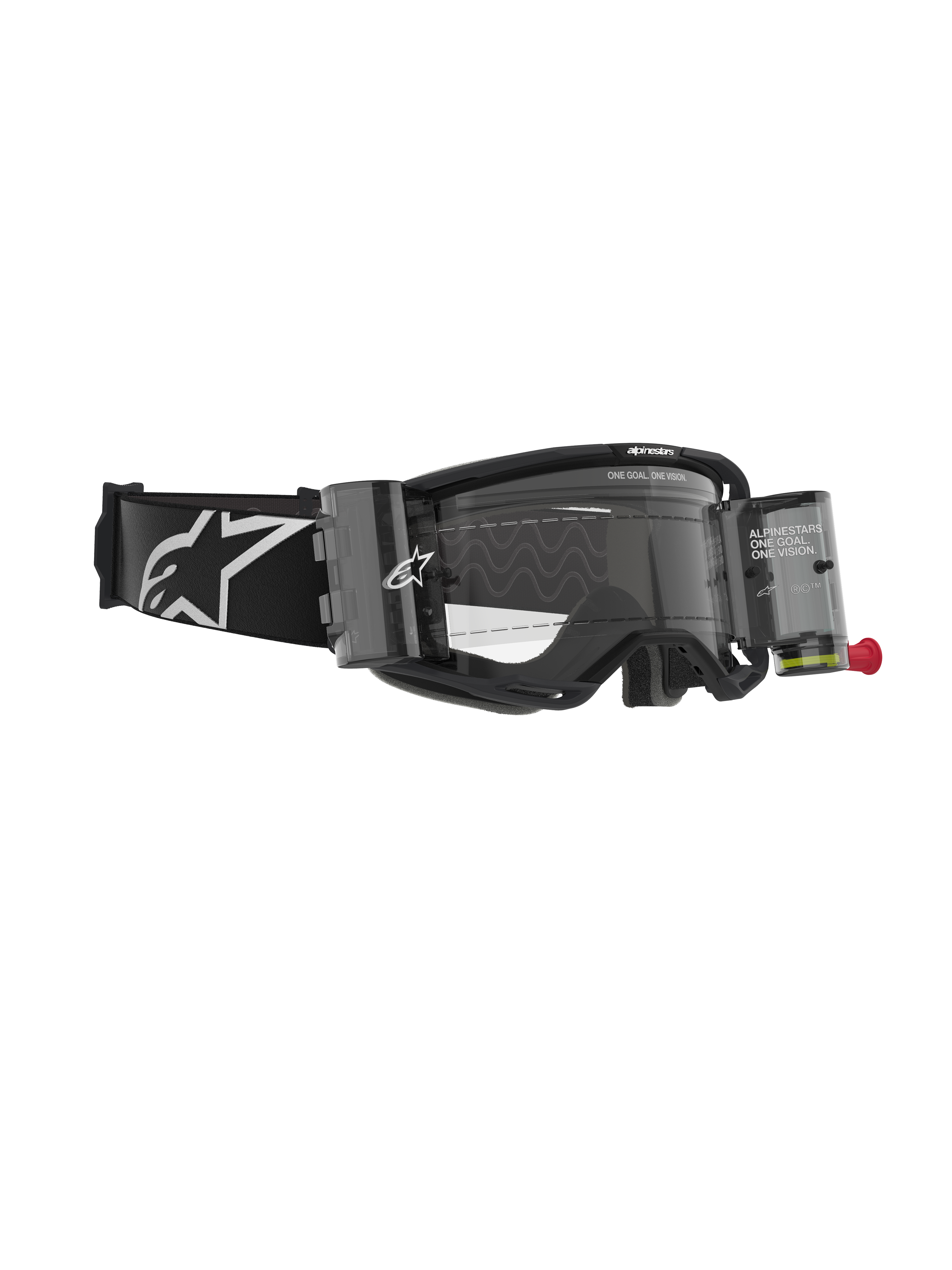 Alpinestars Vision 8 Corp Goggles, motocrossglasögon med Roll-Off-system, svarta och klara, med genomskinliga filmbehållare, en klar lins och ett brett svart band med en stor vit Alpinestars-logotyp