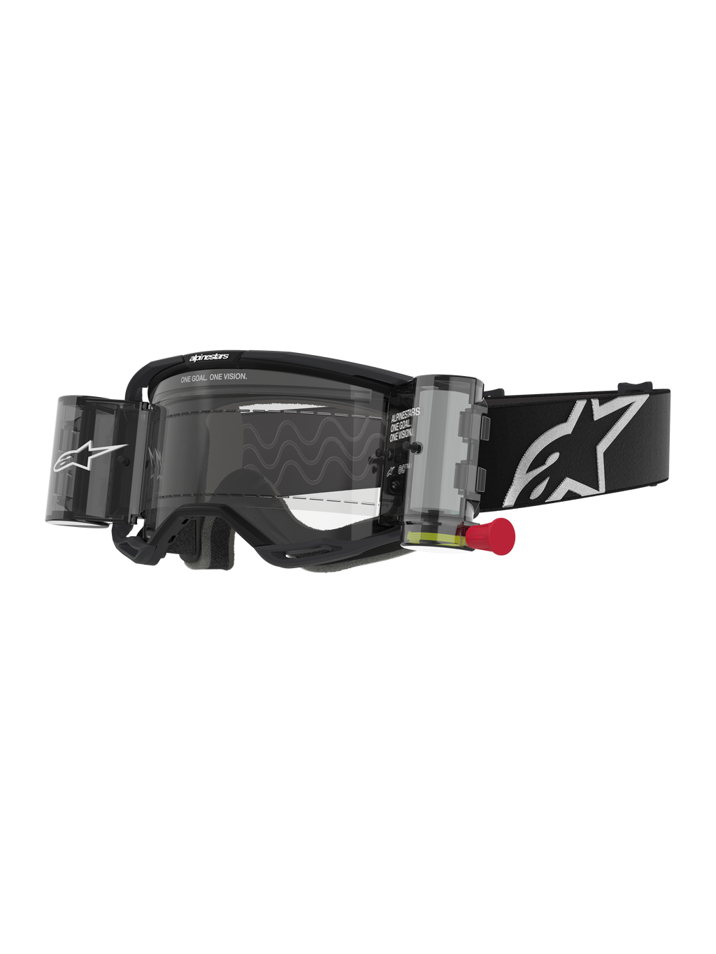 Alpinestars Vision 8 Corp Goggles Roll Off, motocrossglasögon, svarta med klar lins, integrerat roll-off-system med röd dragflik, svart band med vit logotyp, vågigt linsmönster med texten 'ONE GOAL. ONE VISION.', högpresterande ögonskydd för terrängkörning