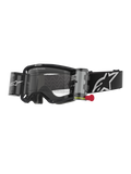 Alpinestars Vision 8 Corp Goggles Roll Off, motocrossglasögon, svarta med klar lins, integrerat roll-off-system med röd dragflik, svart band med vit logotyp, vågigt linsmönster med texten 'ONE GOAL. ONE VISION.', högpresterande ögonskydd för terrängkörning
