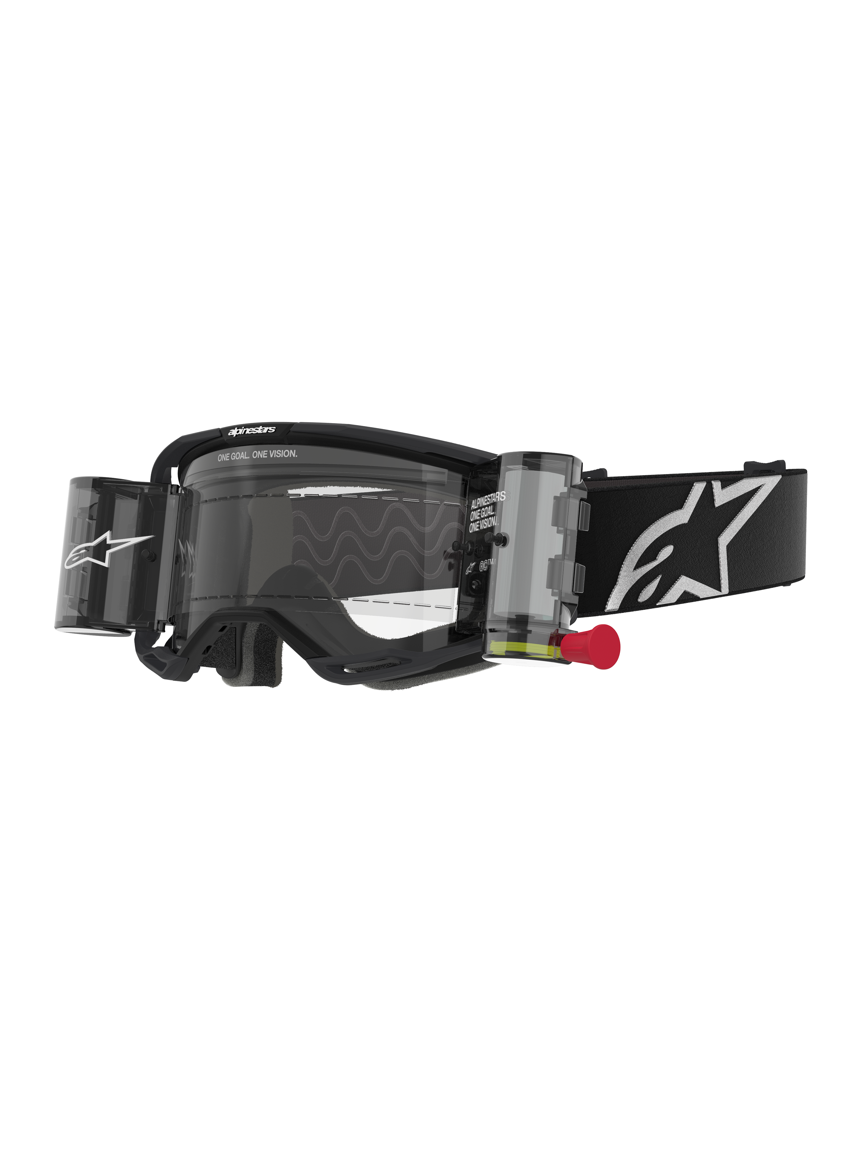 Alpinestars Vision 8 Corp Goggles Roll Off, motocrossglasögon, svarta med klar lins, integrerat roll-off-system med röd dragflik, svart band med vit logotyp, vågigt linsmönster med texten 'ONE GOAL. ONE VISION.', högpresterande ögonskydd för terrängkörning