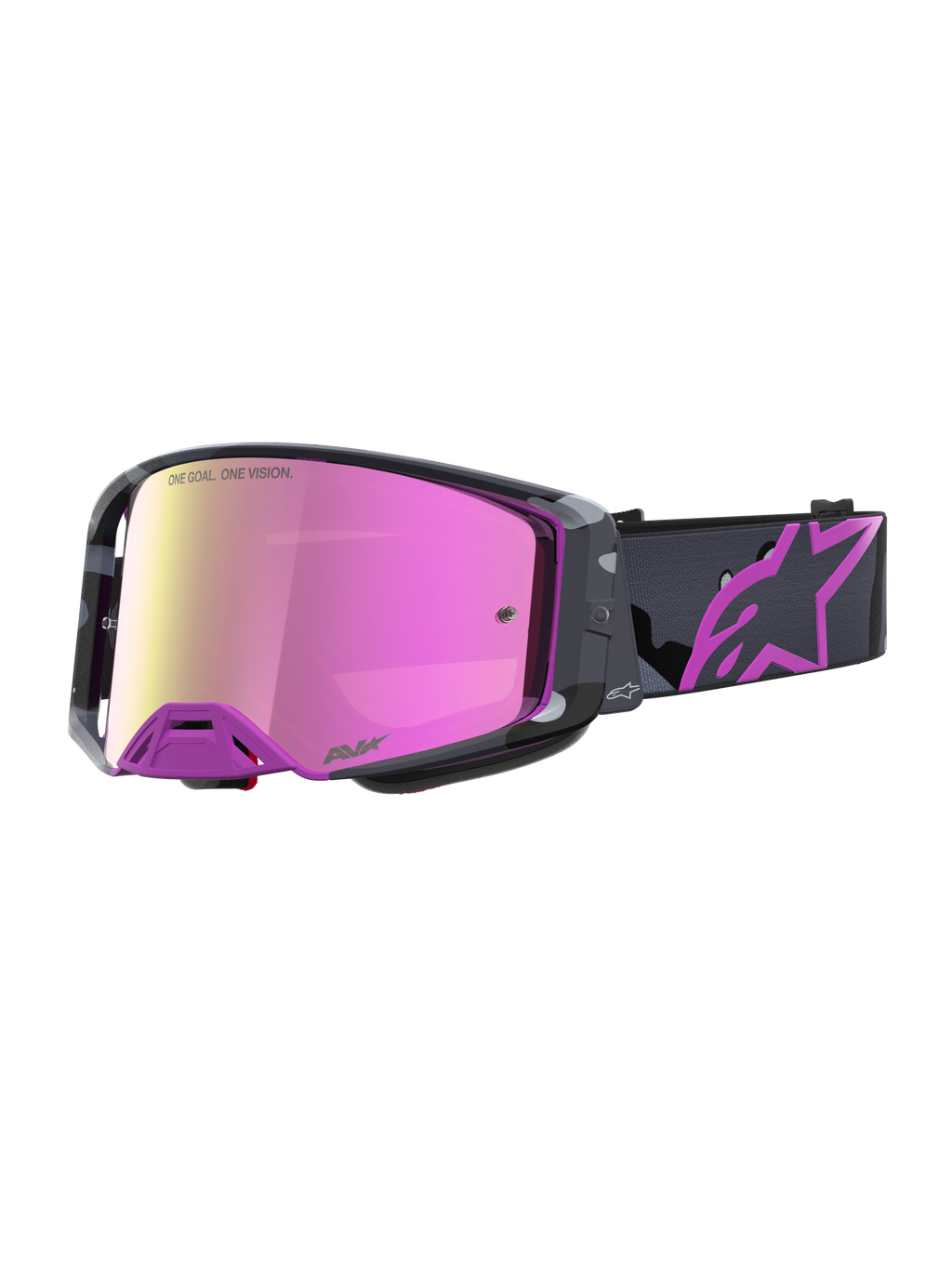 Begränsad Upplaga Supertech Lone Goggles, motocross goggles med spegelrosa lins, lila kamouflagefärgad ram och tryckt rem med Astars-logotyp.
