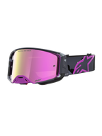 Begränsad Upplaga Supertech Lone Goggles, motocross goggles med spegelrosa lins, lila kamouflagefärgad ram och tryckt rem med Astars-logotyp.