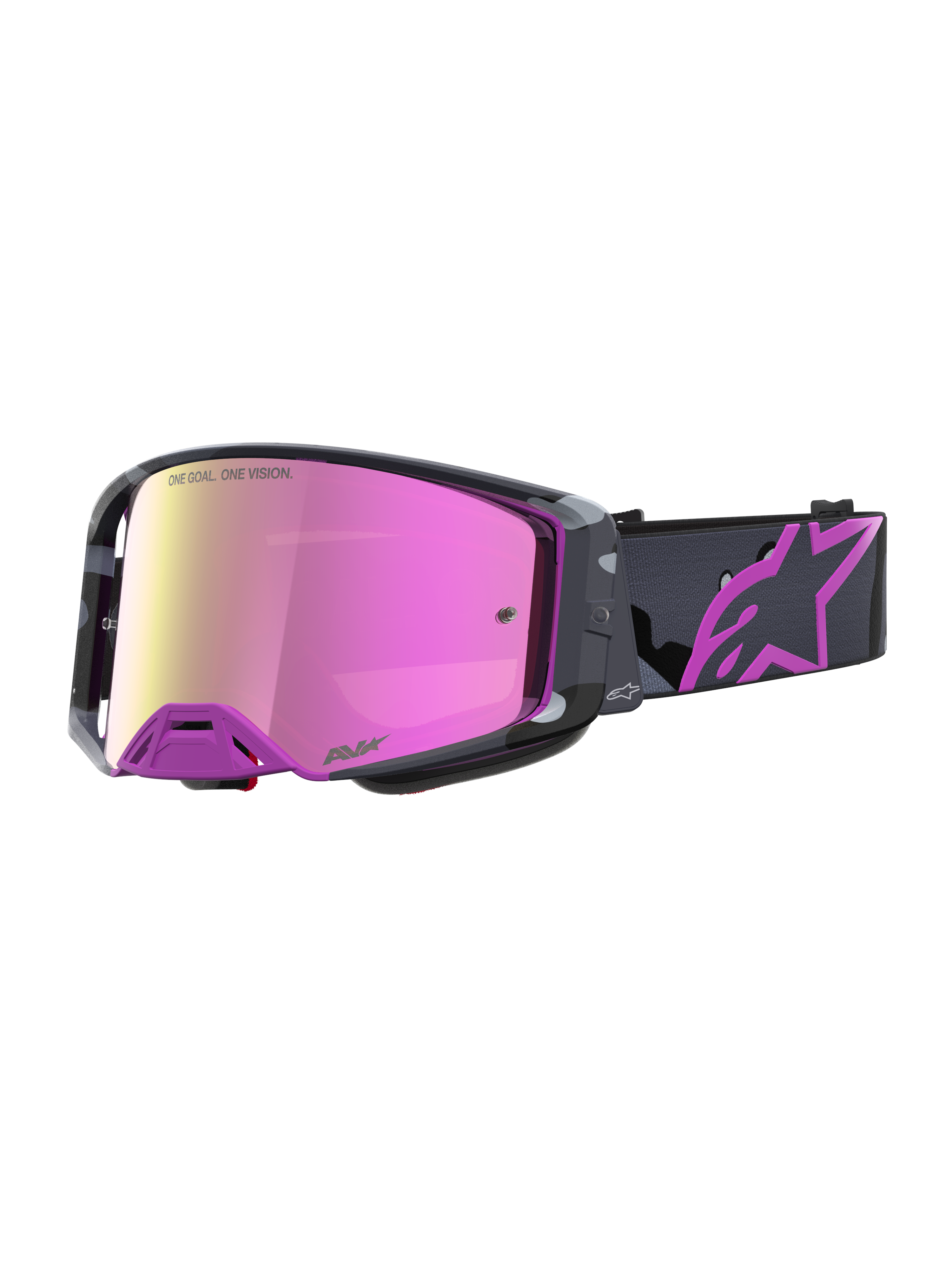 Begränsad Upplaga Supertech Lone Goggles, motocross goggles med spegelrosa lins, lila kamouflagefärgad ram och tryckt rem med Astars-logotyp.