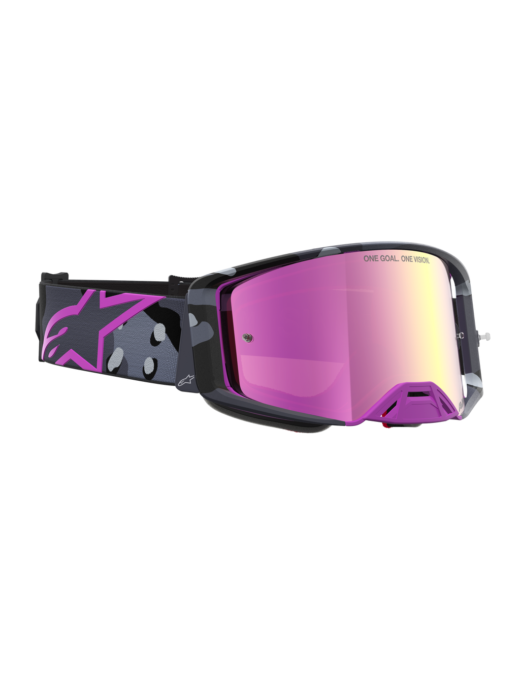 Alpinestars Supertech Lone Goggles, motocrossgoggles med spegelrosa lins och lila kamouflageband, högkontrastsyn och avancerad ventilation