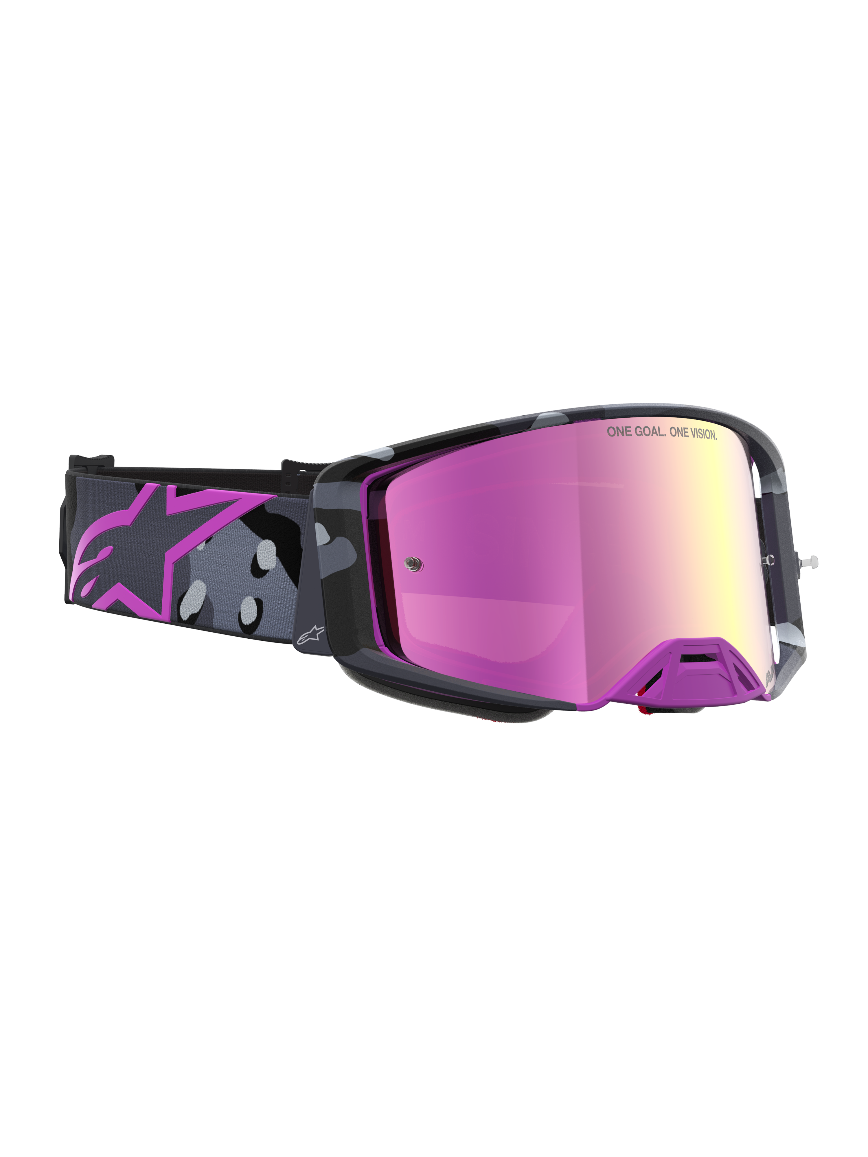 Alpinestars Supertech Lone Goggles, motocrossgoggles med spegelrosa lins och lila kamouflageband, högkontrastsyn och avancerad ventilation