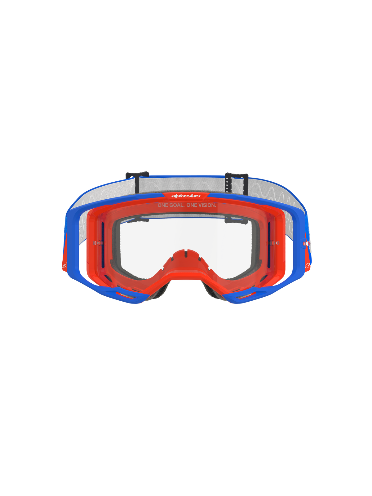 Alpinestars Vision 8 Wordmark-glasögon, motocrossglasögon, blå och orange med klar lins, framifrån, med en tvåtonad flexibel ram, design för brett perifert seende och "One Goal. One Vision."-märkning på den övre inre ramen.