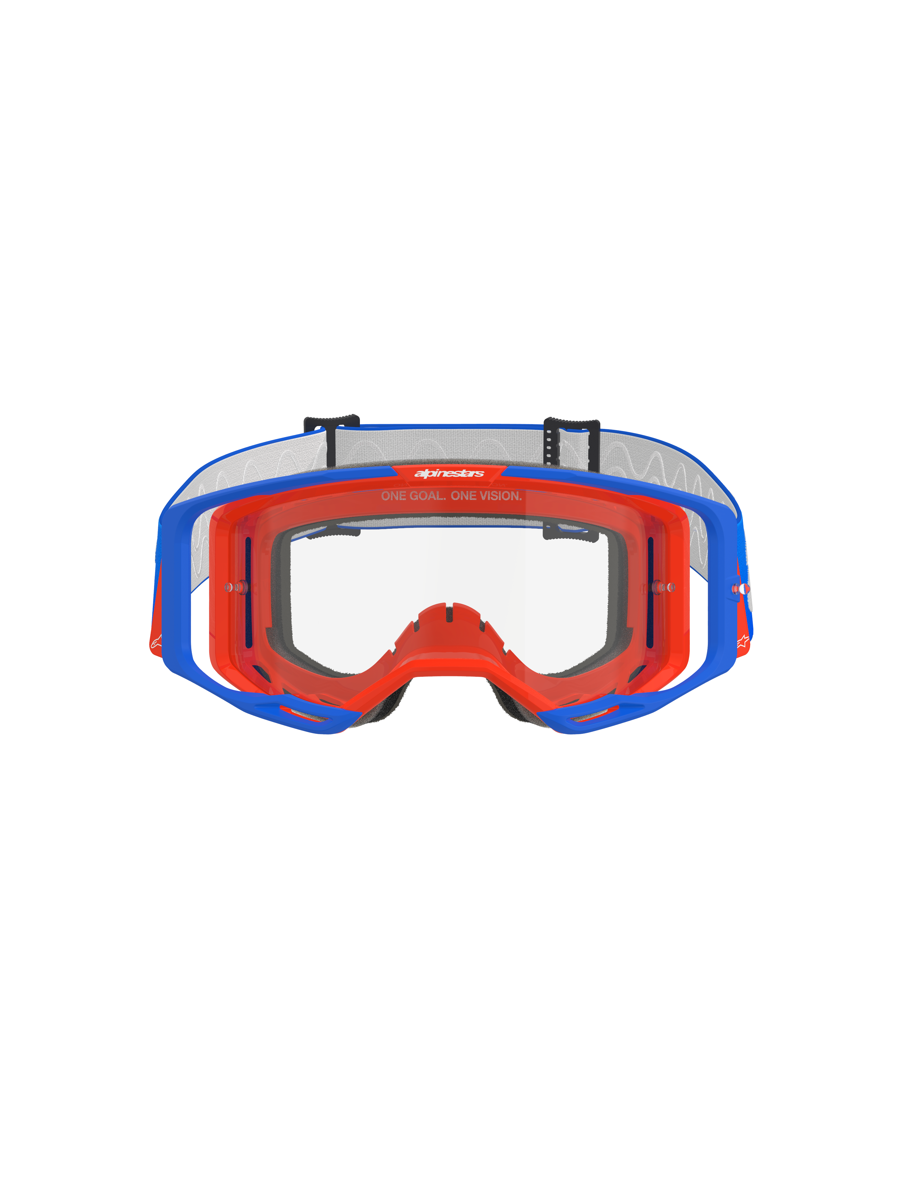 Alpinestars Vision 8 Wordmark Goggles, Motocross Goggles, Blue and Orange with Clear lens, front view, featuring a dual-tone flexible frame, wide peripheral lens design, and 'One Goal. One Vision.' branding on the upper inner frame.