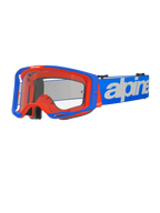 Alpinestars Vision 8 Wordmark Goggles, Motocross Goggles, Blue and Orange, Clear lens, wide blue strap with white Alpinestars wordmark, black foam padding, athletic design with visible ventilation ports for off-road performance
