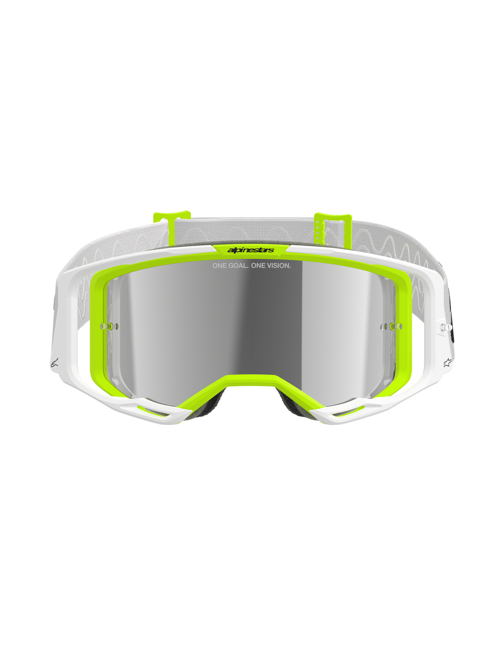 Alpinestars Vision 8 Wordmark-glasögon, motocrossglasögon, vit och gul fluo, silverfärgad spegellins med texten 'ONE GOAL. ONE VISION.', brett synfält, vit rem med grå detaljer, högpresterande skyddsglasögon för terrängkörning