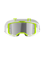 Alpinestars Vision 8 Wordmark-glasögon, motocrossglasögon, vit och gul fluo, silverfärgad spegellins med texten 'ONE GOAL. ONE VISION.', brett synfält, vit rem med grå detaljer, högpresterande skyddsglasögon för terrängkörning