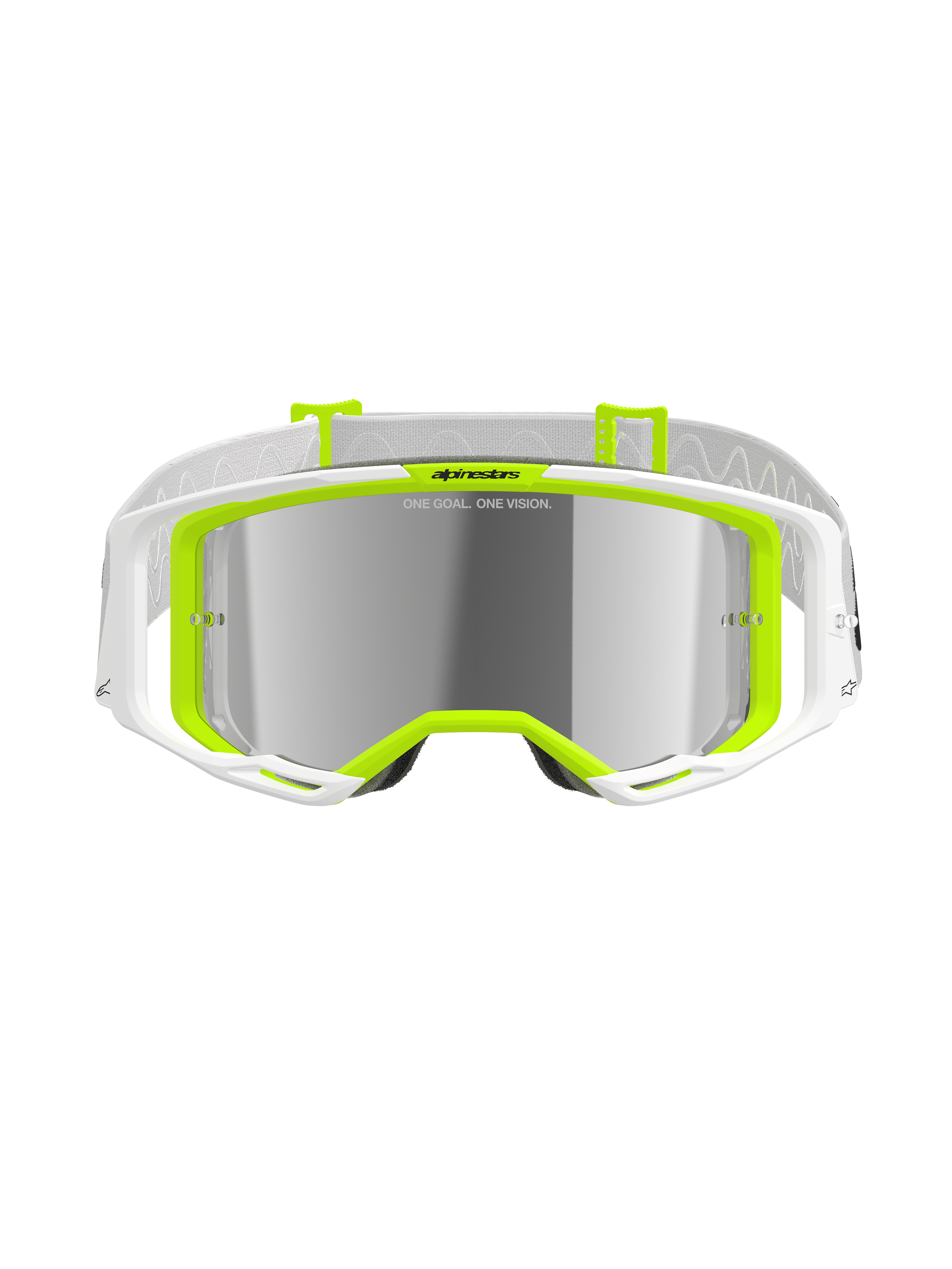 Alpinestars Vision 8 Wordmark-glasögon, motocrossglasögon, vit och gul fluo, silverfärgad spegellins med texten 'ONE GOAL. ONE VISION.', brett synfält, vit rem med grå detaljer, högpresterande skyddsglasögon för terrängkörning