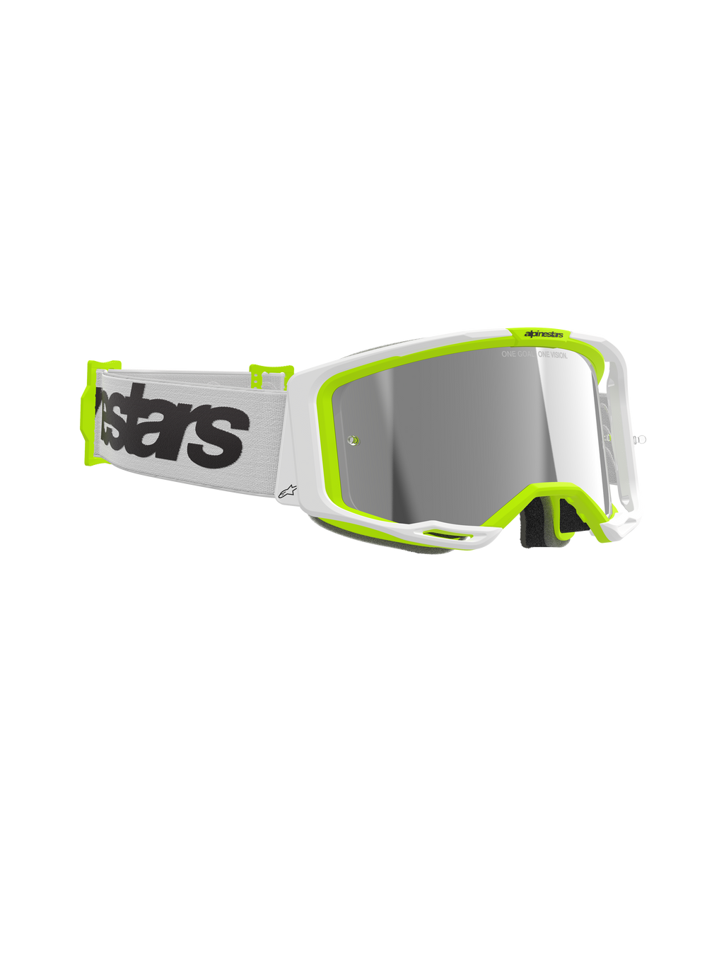 Alpinestars Vision 8 Wordmark Goggles, motocrossglasögon, vit och neongul ram, spegelsilver-lins, vit vävd rem med tydlig svart wordmark-logotyp, högpresterande ögonskydd för terrängkörning