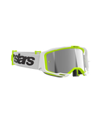 Alpinestars Vision 8 Wordmark Goggles, motocrossglasögon, vit och neongul ram, spegelsilver-lins, vit vävd rem med tydlig svart wordmark-logotyp, högpresterande ögonskydd för terrängkörning