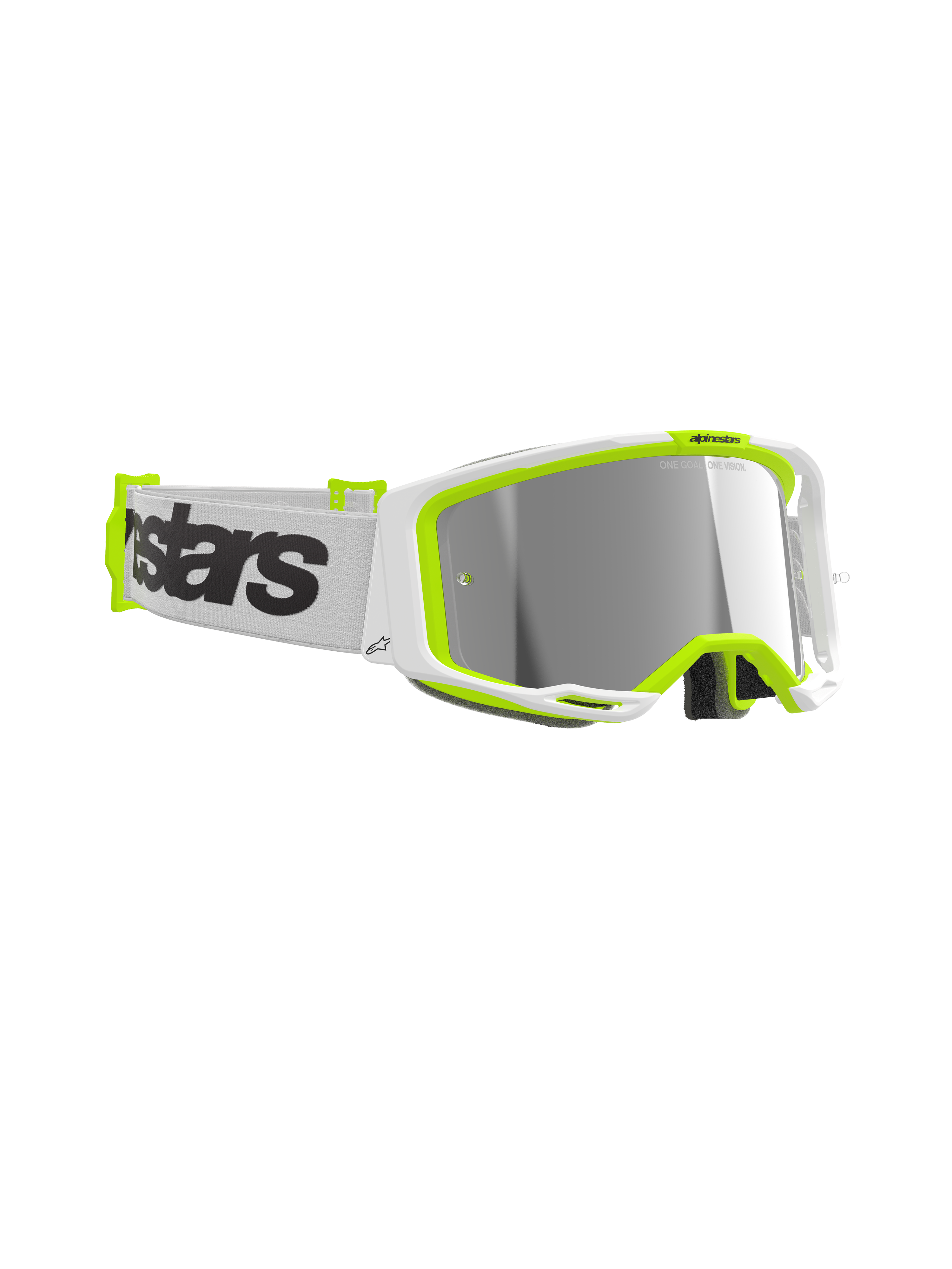 Alpinestars Vision 8 Wordmark Goggles, motocrossglasögon, vit och neongul ram, spegelsilver-lins, vit vävd rem med tydlig svart wordmark-logotyp, högpresterande ögonskydd för terrängkörning
