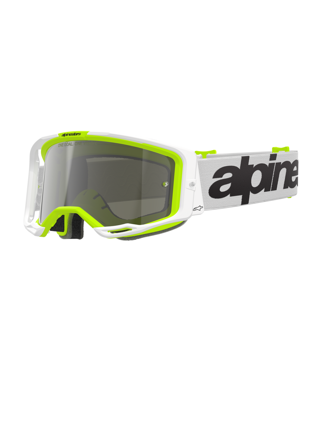 Alpinestars Vision 8 Wordmark-glasögon, motocrossglasögon, vit och fluorescerande gul ram med Silver Mirror-lins, vit rem med tydlig svart logotyp och A-FLEX-ram för prestanda vid terrängkörning