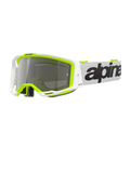 Alpinestars Vision 8 Wordmark-glasögon, motocrossglasögon, vit och fluorescerande gul ram med Silver Mirror-lins, vit rem med tydlig svart logotyp och A-FLEX-ram för prestanda vid terrängkörning