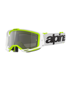 Alpinestars Vision 8 Wordmark-glasögon, motocrossglasögon, vit och fluorescerande gul ram med Silver Mirror-lins, vit rem med tydlig svart logotyp och A-FLEX-ram för prestanda vid terrängkörning