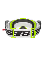 Alpinestars Vision 8 Wordmark Goggles, vy bakifrån, vit och fluoriserande gul, med integrerat Roll-Off-system och behållare, bred vit vävd rem med svart Alpinestars-logotyp, 3D-format ansiktsskum och klar lins