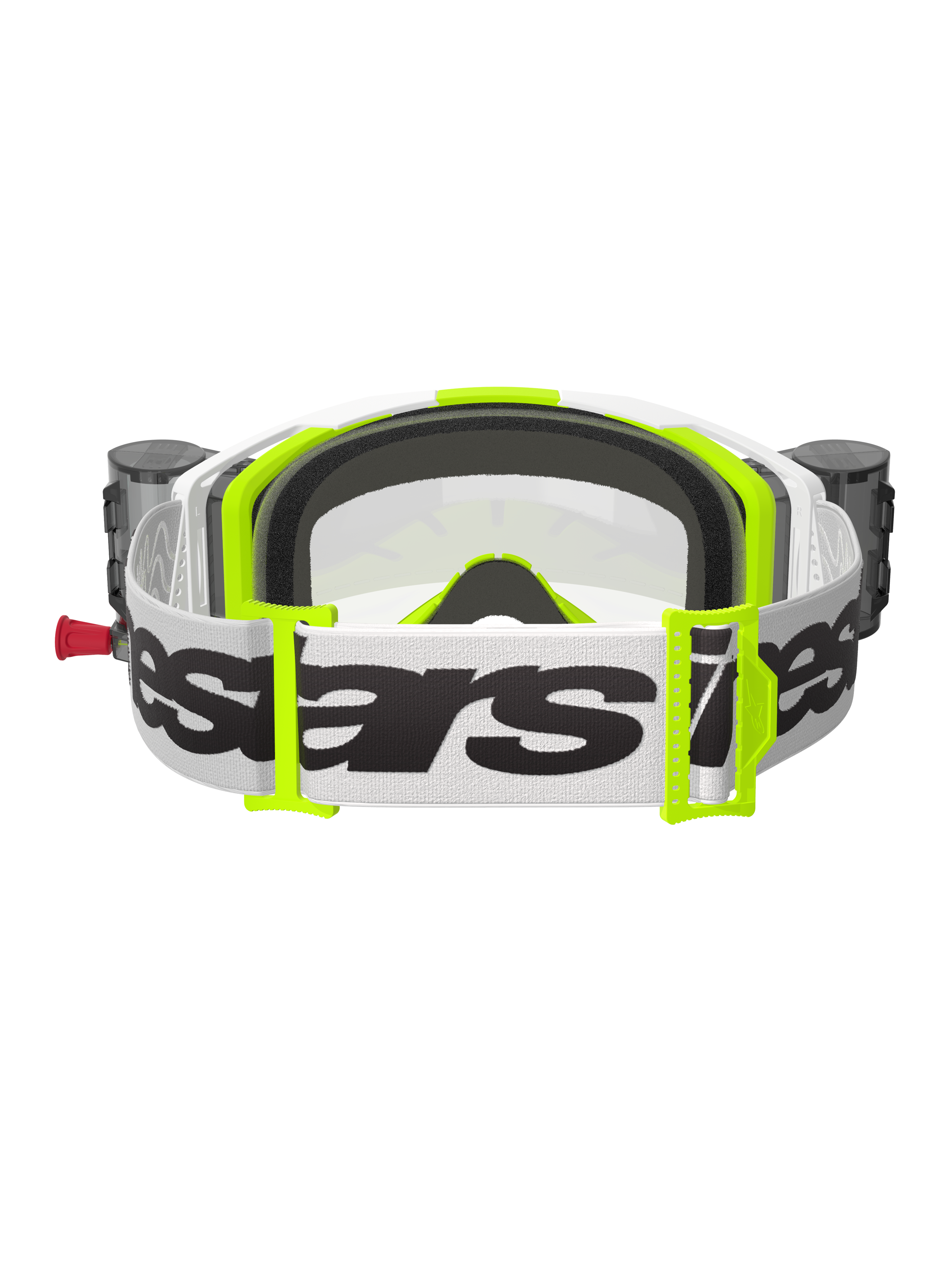 Alpinestars Vision 8 Wordmark Goggles, vy bakifrån, vit och fluoriserande gul, med integrerat Roll-Off-system och behållare, bred vit vävd rem med svart Alpinestars-logotyp, 3D-format ansiktsskum och klar lins
